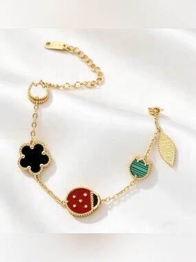 Gold-Plated Women's Charm Bracelet with Red, Black and Green Enamel Accents